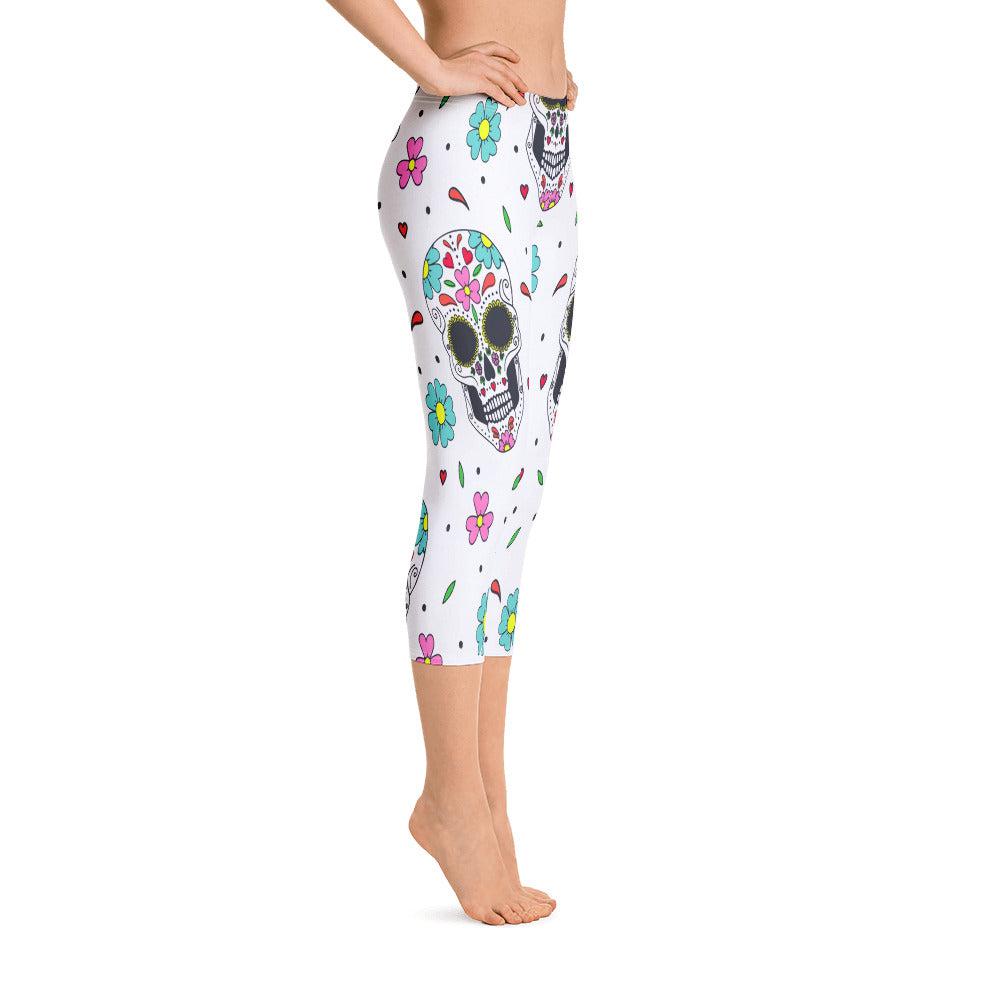 Floral Skull Print Capri Leggings